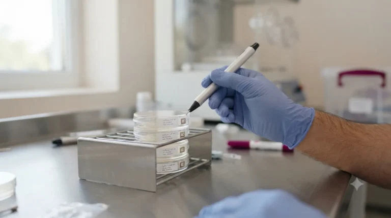 Embryologist scanning RFID-tagged culture dishes