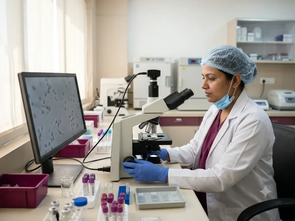 Andrology technician examining a slide under a microscope