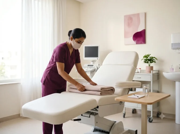 Nurse preparing a calm day-care procedure room