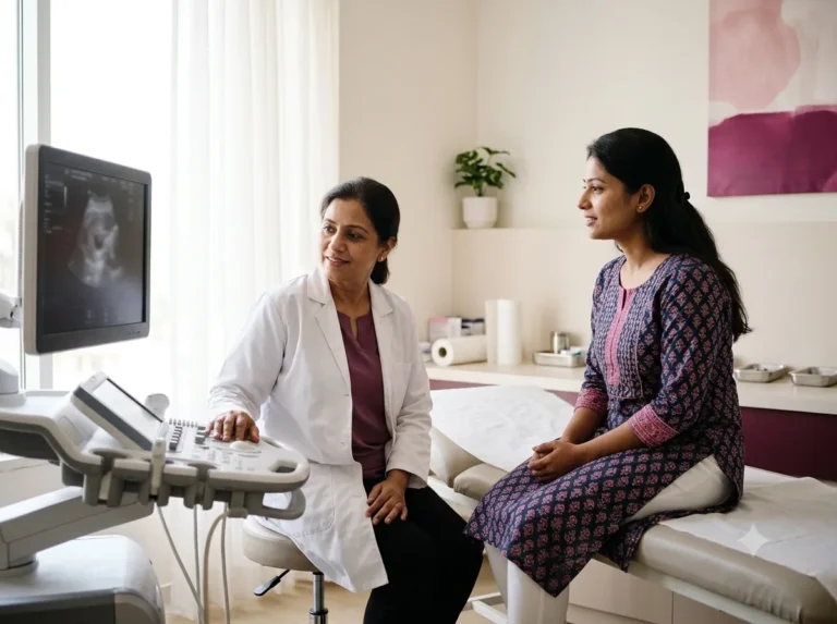 Gynaecologist discussing an ultrasound scan with a patient