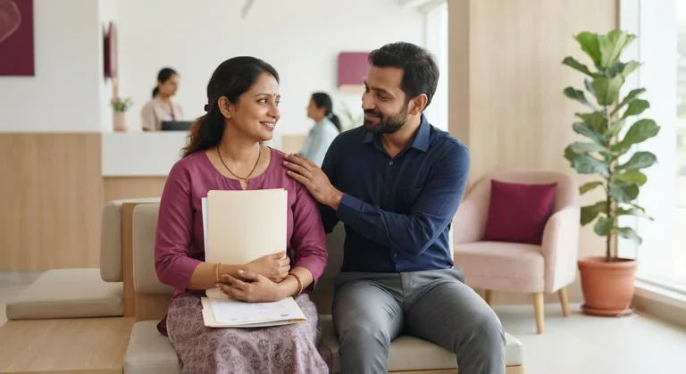 Couple with their medical reports waiting for a first fertility consultation